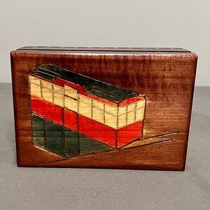 VTG Handmade Wooden Trinket Box W/ Carved Ski Lift Made In Poland 6.5x4.5x2.25”